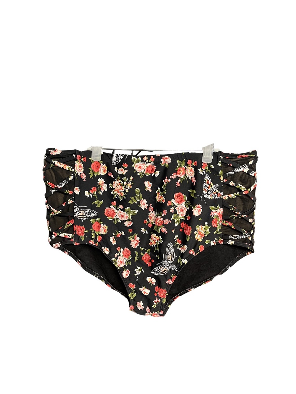 Midnight Hour: 2x High-Waist Floral Bikini Bottoms in Black with Rose Print